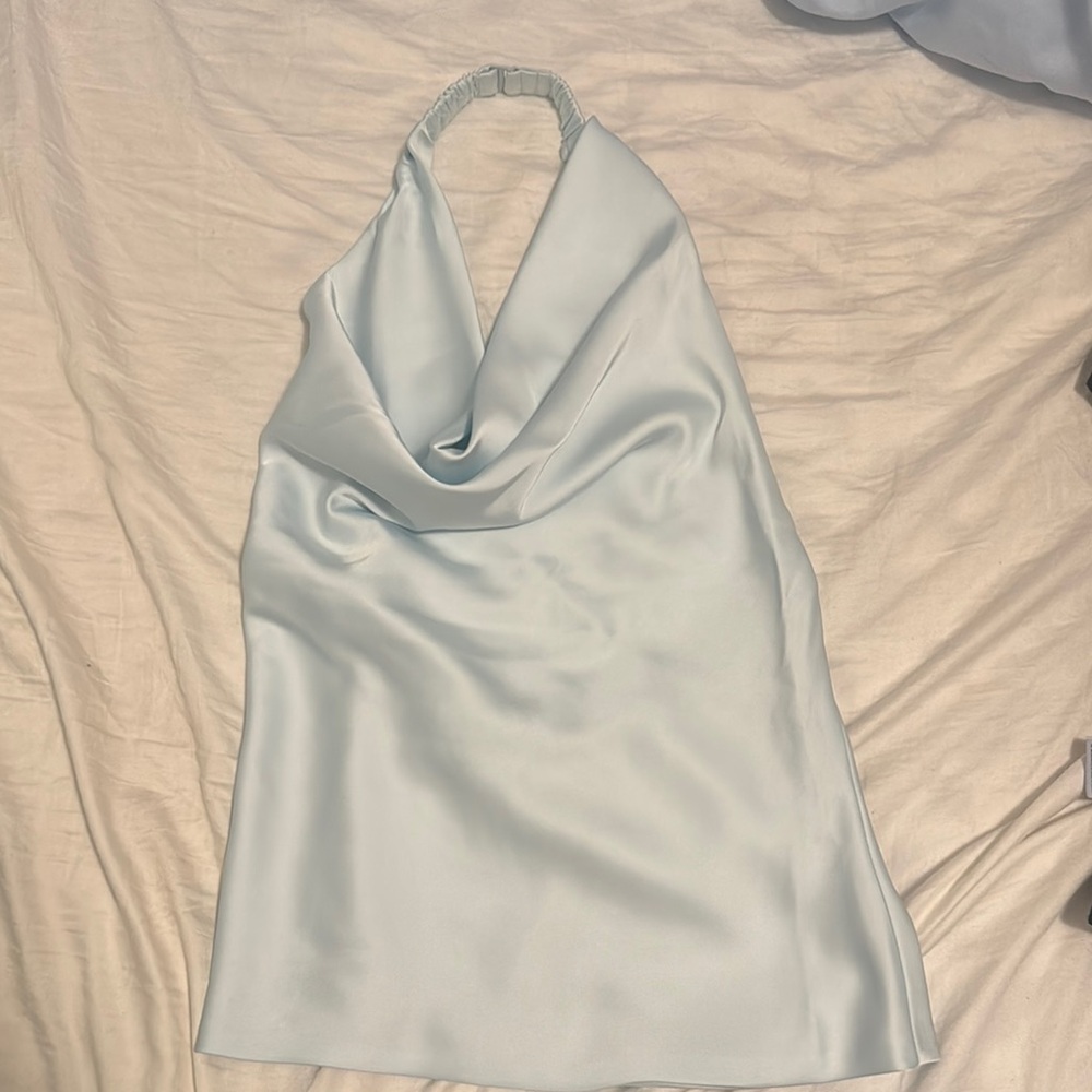 Satin Cowl Halter Dress in Light Blue